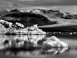 Mountains, winter, rocks, ice, lake