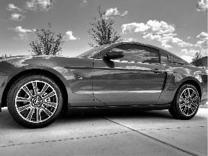 Mustang GT, Red, Sky, clouds, square, Ford