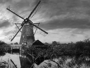 bridge, Windmill, Kinderdijk, Netherlands, Plants, River