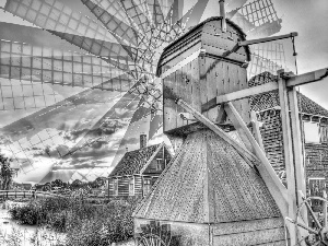 Windmill, clouds, Netherlands, River