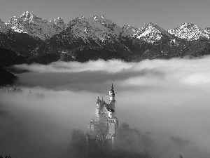 Neuschwanstein, Fog, winter, Castle, Mountains