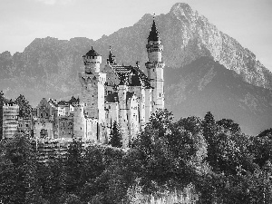 Alps, Mountains, Schwangau Commune, trees, woods, Bavaria, autumn, Neuschwanstein Castle, Germany, viewes, rocks, Hill