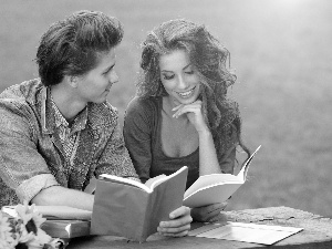 Women, Books, Nice sunflowers, a man