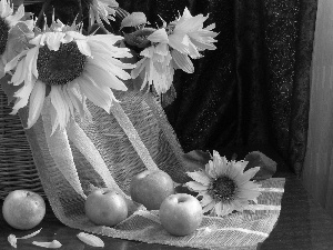 apples, basket, Nice sunflowers