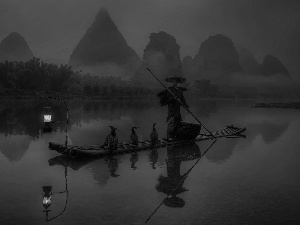 Night, Boat, cormorants, Human, River