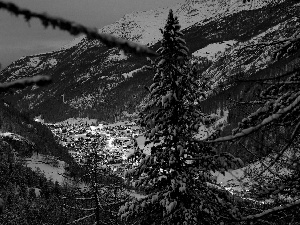 Switzerland, Mountains, Night, Houses, winter, Alps