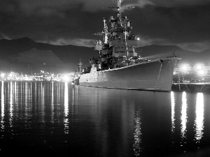 Night, reflection, Military truck, port, Ship