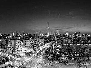 Streets, tower, Night, panorama, Berlin, Houses
