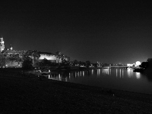 Wawel Royal Castle, Poland, Vistula river, Night, Wawel, Kraków