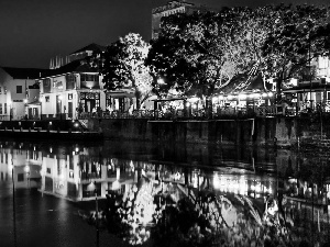 panorama, Malaysia, night, reflection, town, Malacca