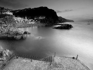 sea, Hotel hall, Night, rocks