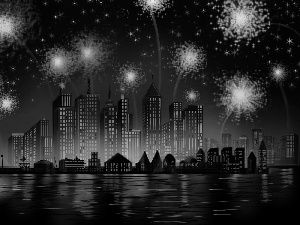 Night, fireworks, Town