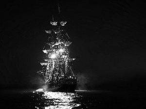 sailing vessel, Ship, Night, light