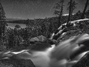 waterfall, lake, Night, forest