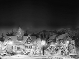 winter, Bike, Night, Houses