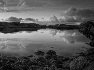 lake, clouds, Norway, Stones