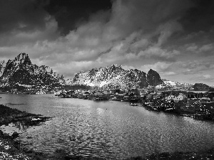 lake, Town, Norway, Mountains