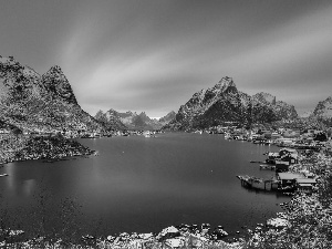 Houses, lake, Norway, winter, colony, Mountains