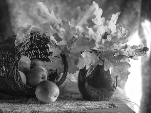 Leaf, Vase, basket, bouquet, composition, oak, apples