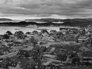 color, Greenland, Ocean, Ship, Houses, Town