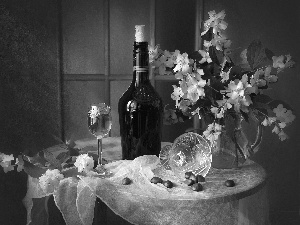Bottle of Wine, composition, bouquet, jasmine, Flowers