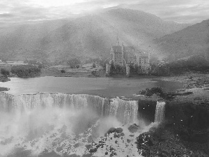 rays of the Sun, Castle, Mountains, rainbows, waterfall