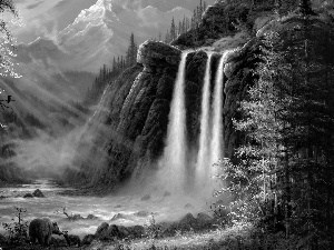 bears, Mountains, rays of the Sun, waterfall