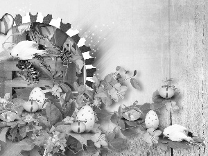 Birds on the log, eggs, color, Flowers, Easter
