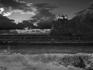 Sky, rocks, palace, sea