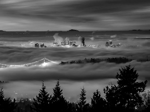 Fog, River, town, Vancouver, panorama, bridge