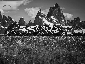 Meadow, peaks, paraglider, Mountains