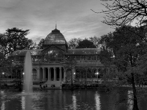 fountain, Park, Spain, west, Madrid, crystal, palace, sun