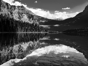 Mountains, Canada, Emerald Lake, forest, reflection, Yoho National Park
