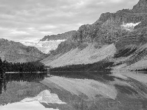 Canada, Bow Lake, viewes, Banff National Park, rocky mountains, trees, clouds