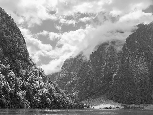 Berchtesgaden Alps, trees, Germany, viewes, Bavaria, Mountains, Berchtesgaden National Park, Lake Koenigssee