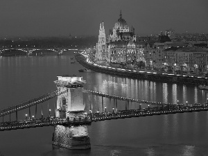 Catenary, Danube, Night, bridge, Budapest, parliament, Hungary