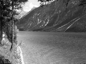 Mountains, forest, Path, River