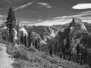 Yosemite National Park, Path, The United States, trees, California, Sierra Nevada, Mountains, viewes