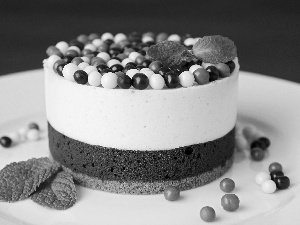 cake, leaves, peas, plate