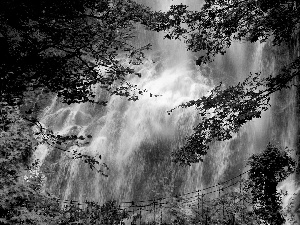 pendant, bridge, trees, viewes, waterfall