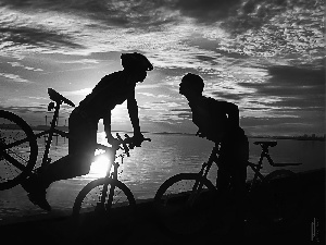 lake, two, people, Bikes