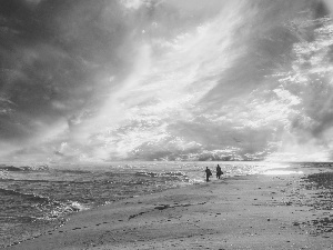 sea, clouds, People, Beaches