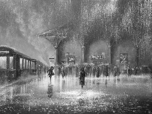 Train, picture, People, Sunshade, Rain, platform