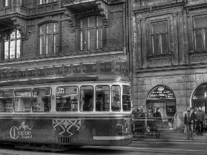 tram, buildings, People, Street