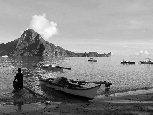 boats, sea, Philippines, Mountains