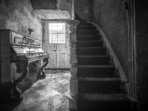 piano, Stairs, Staircase, Doors, Uncared