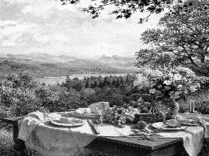 Table, landscape, picture, breakfast