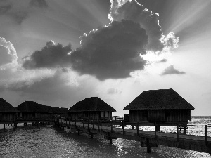 pier, Houses, sun, sea, west