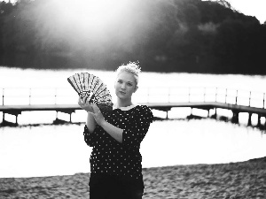 pier, lake, Blonde, Fan, Women