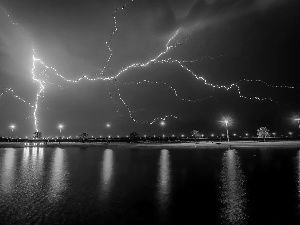 pier, lightning, sea